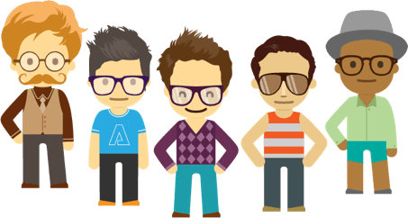 Uma ilustração com 5 pessoas de pé e como óculos, olhando para a frente.