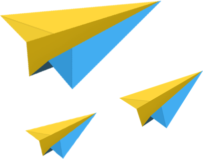 Três aviõeszinhos de papel nas cores amarelha e azul voando.